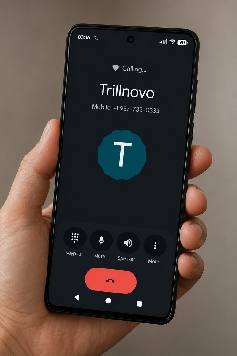 A phone mid-call to Trillnovo, the screen showing the number (937) 735-0333